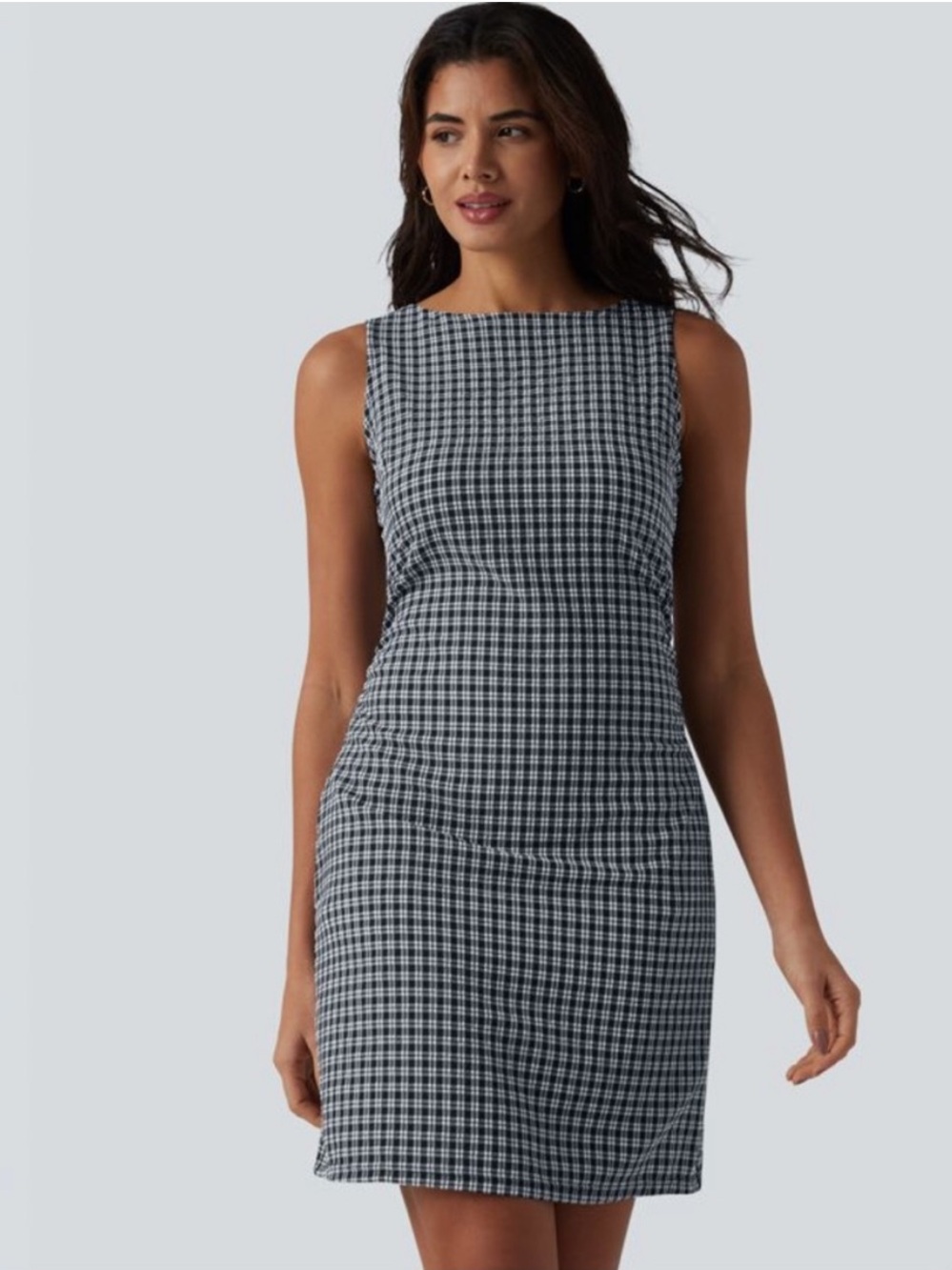 HALARA Boat Neck Sleeveless Gingham Mini Casual Dress with Pockets | Size Large